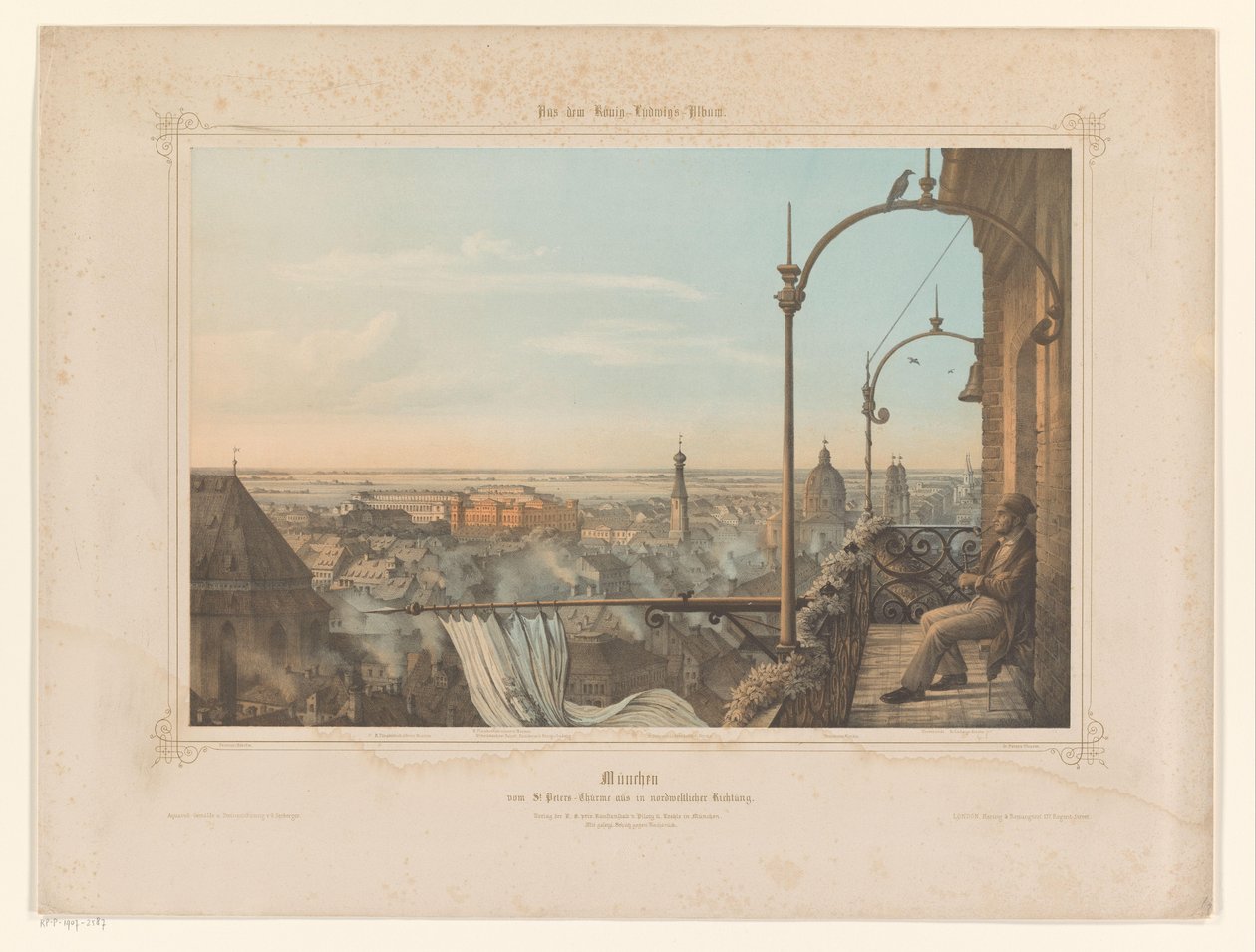 Gezicht op München gezien vanaf de Sint-Petruskerk München vom St. Peters-Thürme aus in nordwestlicher Richtung (title on object) Album aangeboden aan Lodewijk I van Beieren (series title) König-Ludwigs Album (series title on object)   1370441   hu       h alkotó: Gustav Seeberger