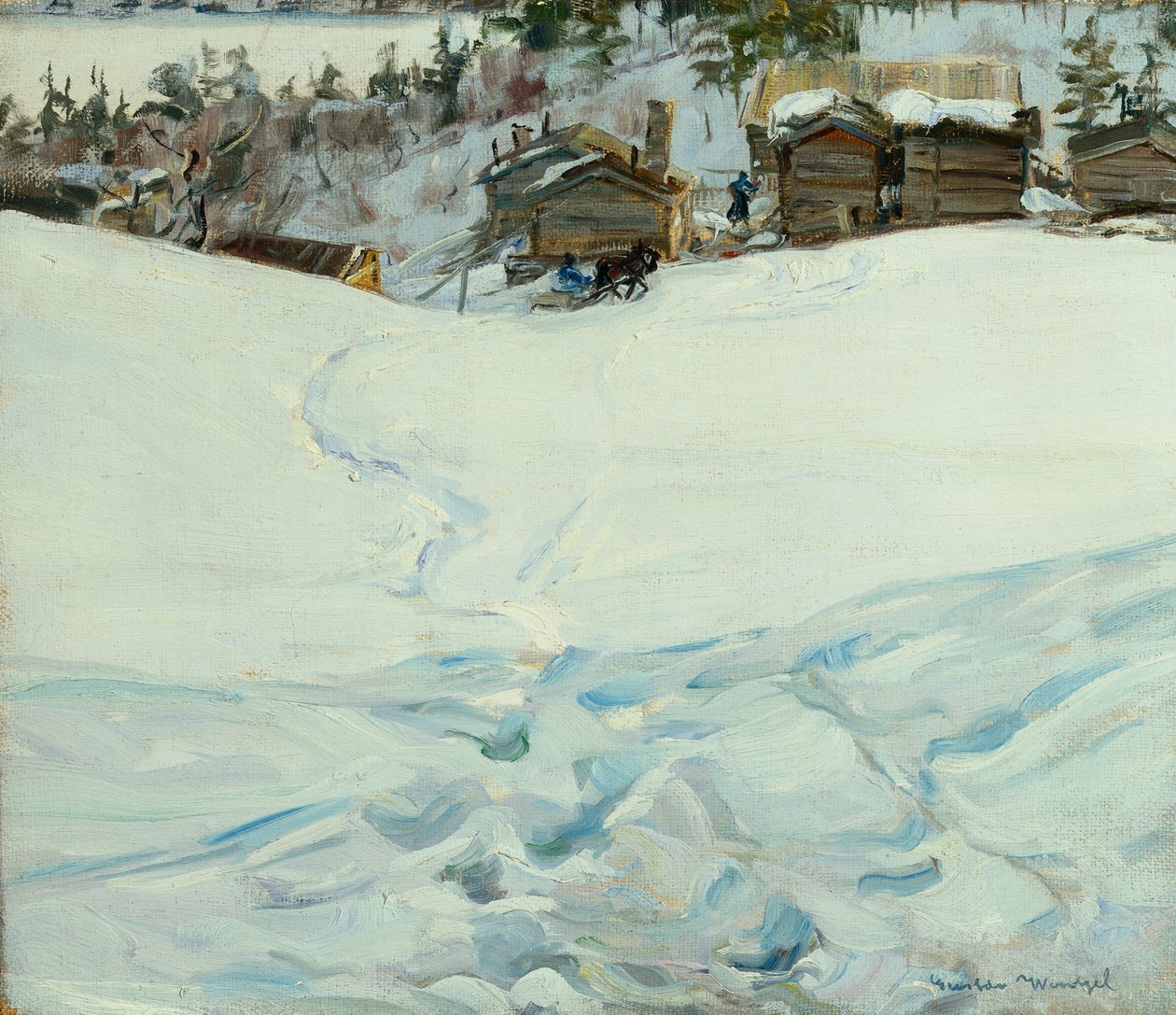 Hegyi farm téli tájban alkotó: Gustav Wentzel