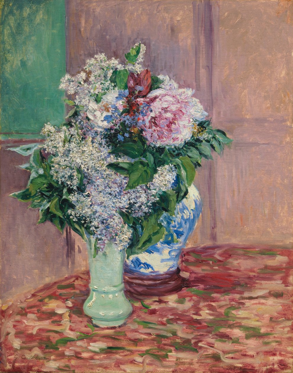 Lilák és bazsarózsa két vázában alkotó: Gustave Caillebotte