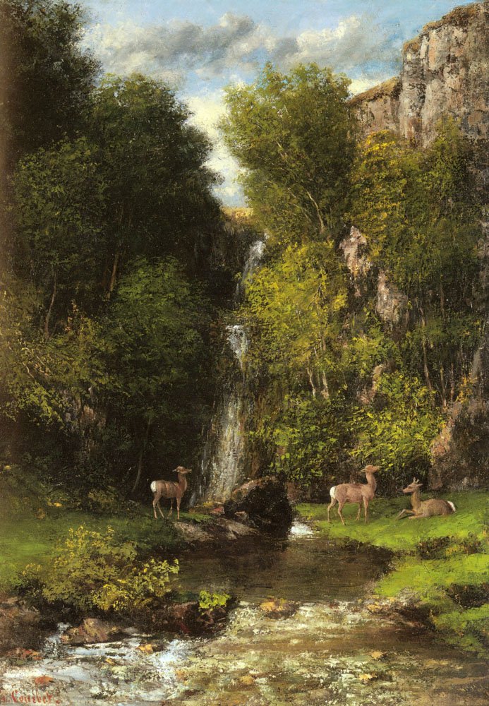Szarvascsalád tájon vízeséssel alkotó: Gustave Courbet
