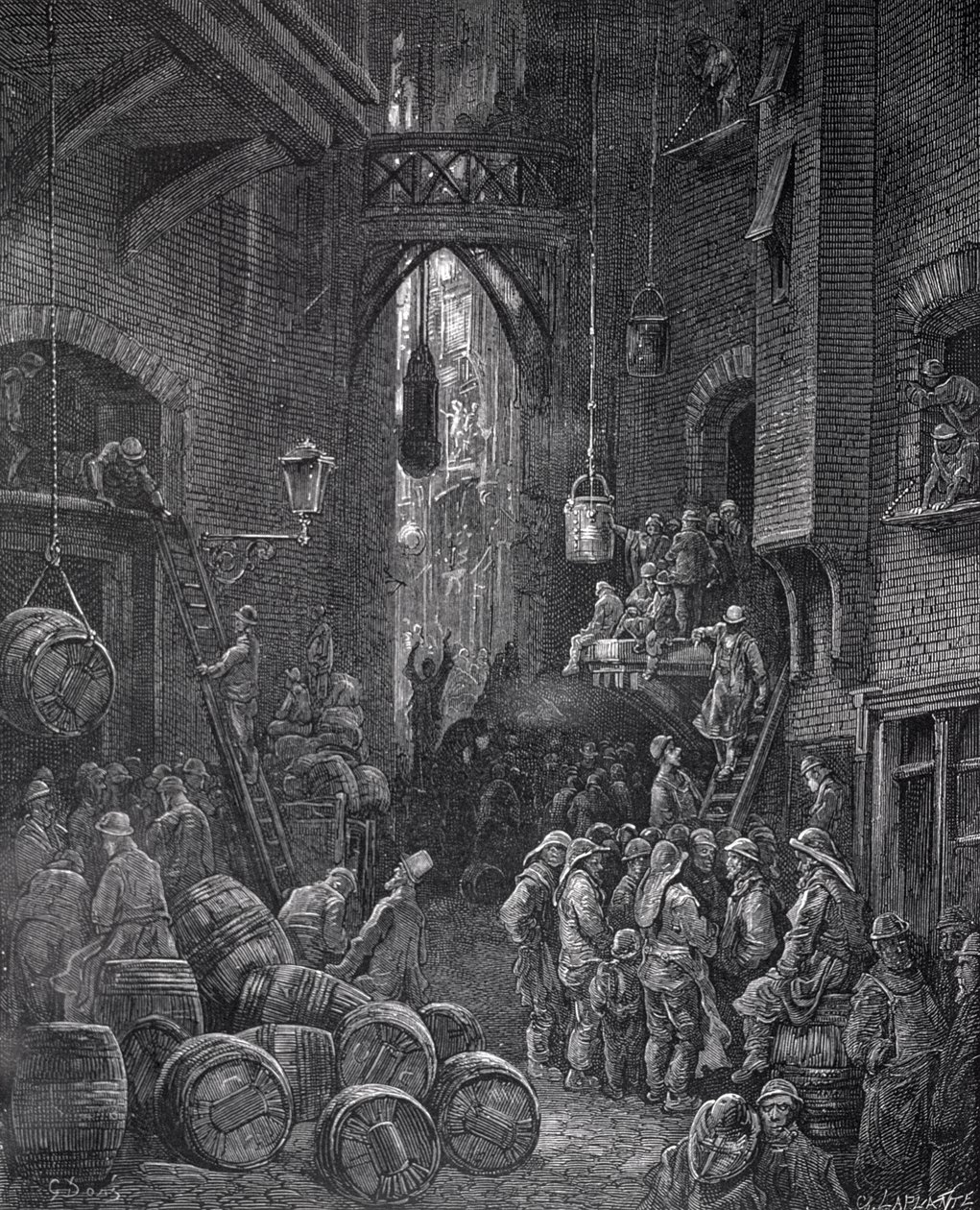 A Riverside Street, a „London, a Zarándoklat” című művéből, William Blanchard Jerrold (1826-84), metszett: Charles Leplante (megh. 1903), kocsma. 1872 alkotó: Gustave Dore