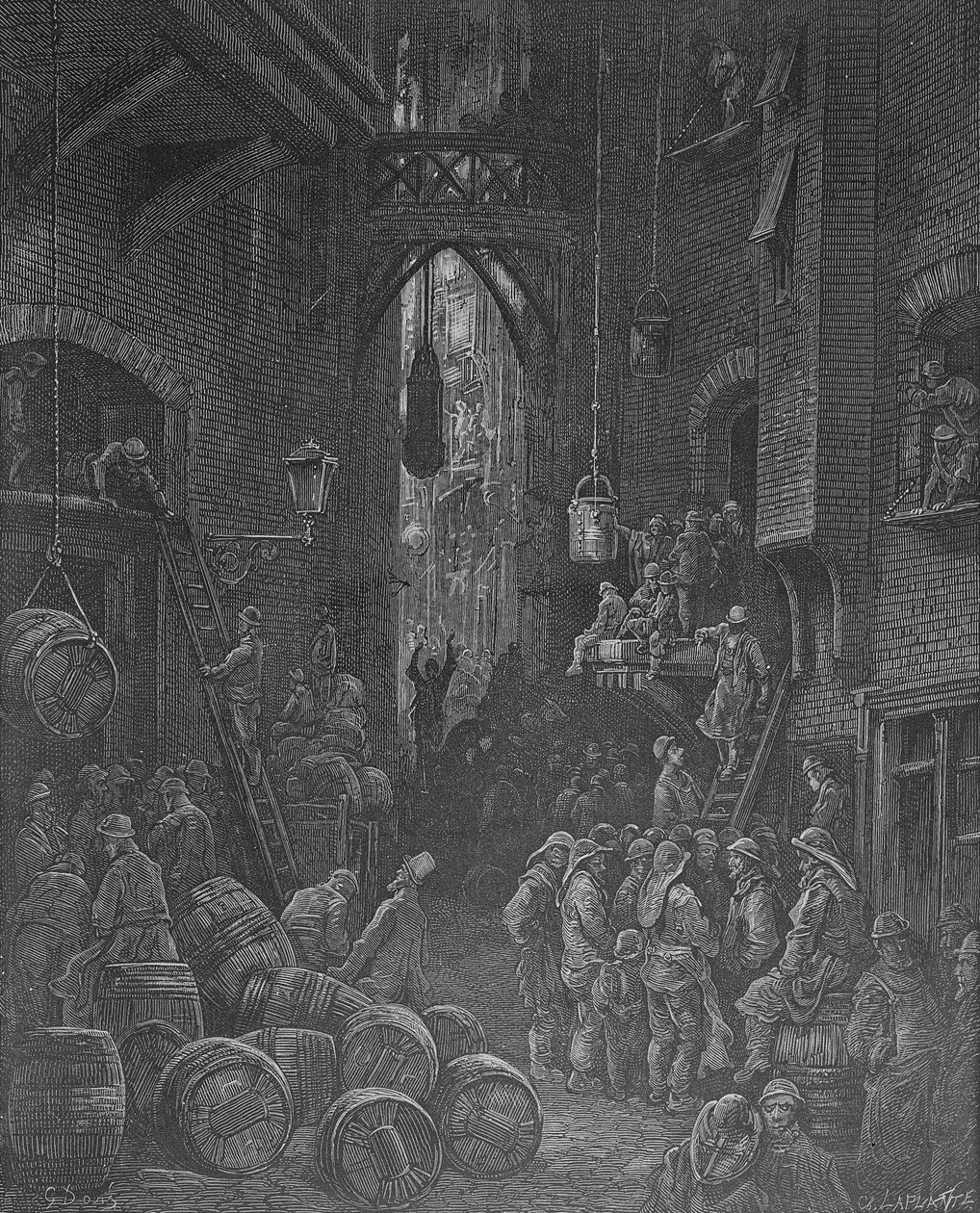 A Riverside Street a „London, a Zarándoklat”-ból, William Blanchard Jerrold (1826-84) írója, Charles Laplante (megh. 1903) kocsmája metszette. 1872 alkotó: Gustave Dore