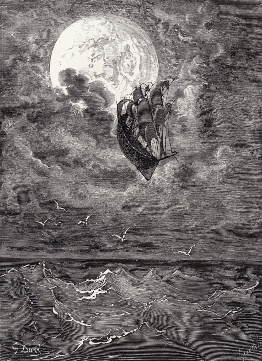 Utazás a Holdra, Rudolph Erich Raspe „Münchausen báró kalandjai” című művéből, Auguste Joliet metszet, 1868 körül alkotó: Gustave Dore