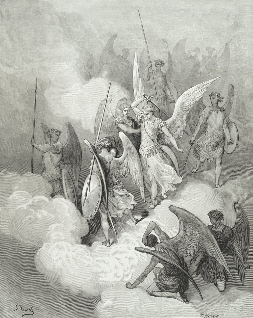 Abdiel és Sátán, John Milton (1608-74) „Elveszett paradicsom” című művéből, Huyot metszete, 1868 körül alkotó: Gustave Dore