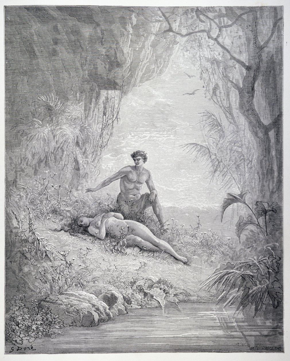 Ádám és Éva, John Milton (1608-74) „Elveszett paradicsom” V. könyvéből, Stephane Pannemaker (1847-1930) metszetéből 1868 körül. alkotó: Gustave Dore