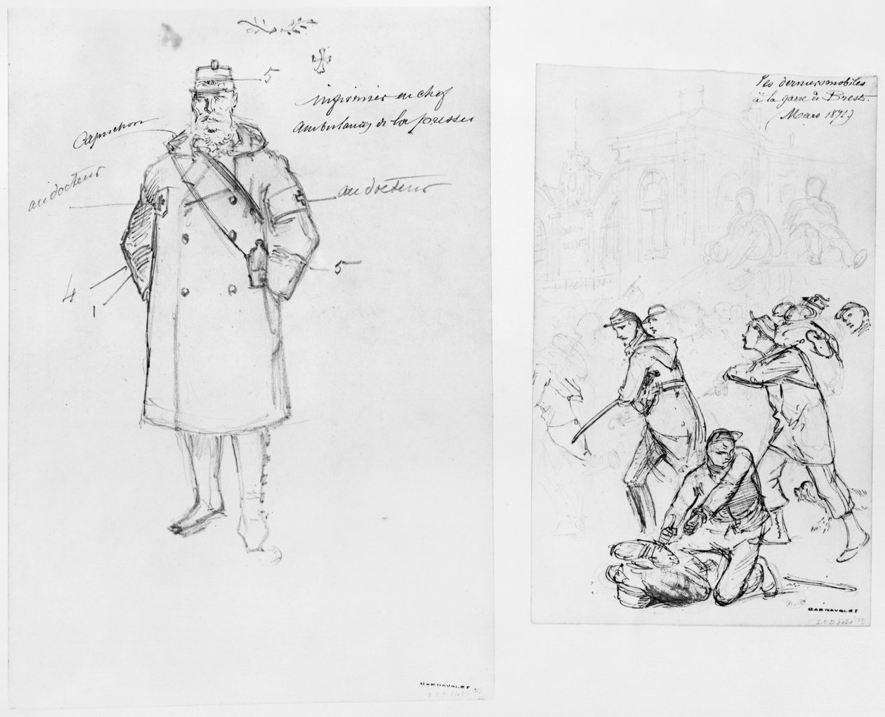Album Párizs ostromáról, Mentős, az utolsó csapatok a bresti állomáson, 1871 (toll és barna tinta mosás és ceruza papíron) alkotó: Gustave Dore