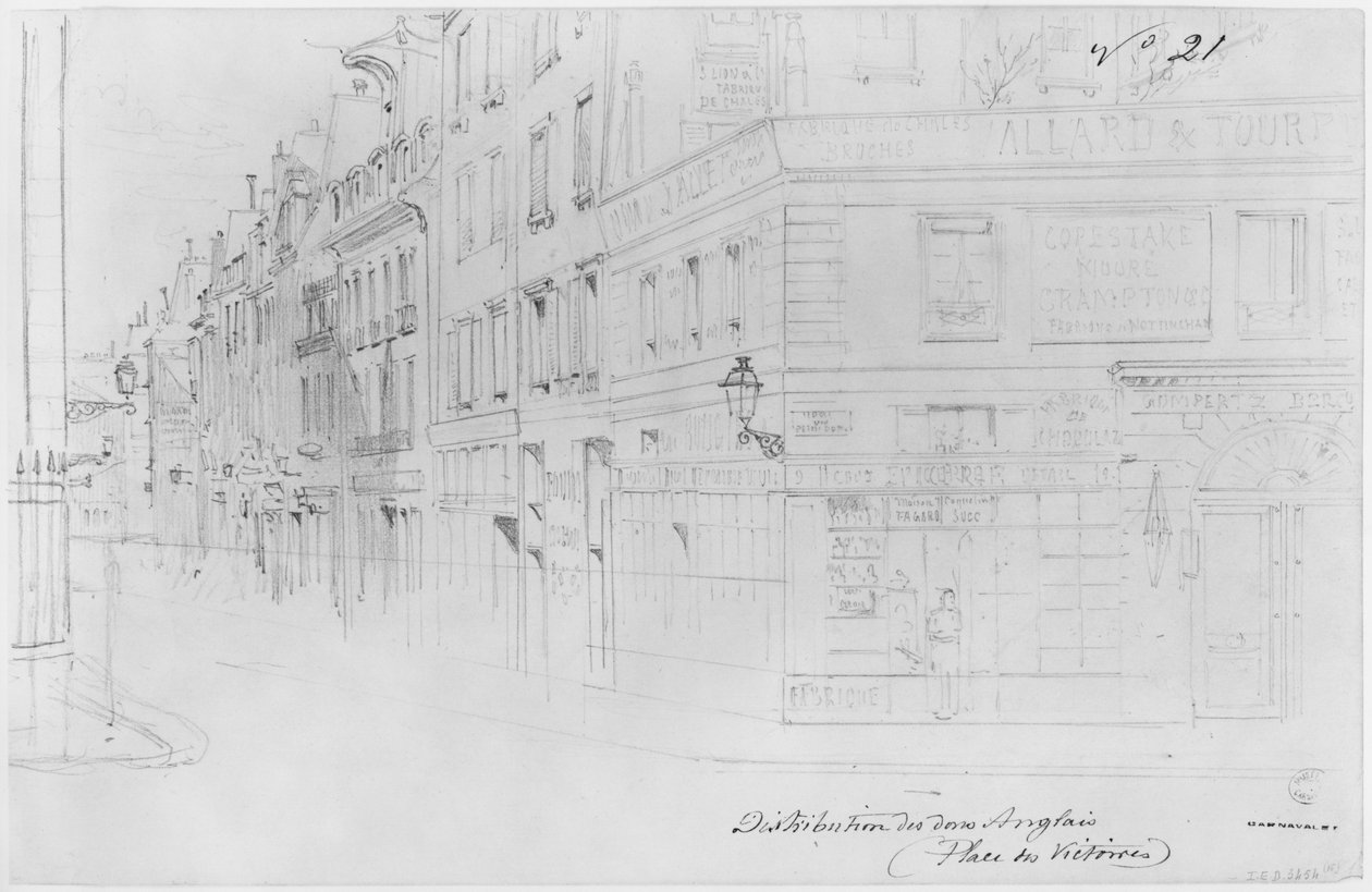 Párizs ostromának albuma, Brit adományok szétosztása, Place des Victoires (toll és barna tinta mosás és ceruza papíron) alkotó: Gustave Dore