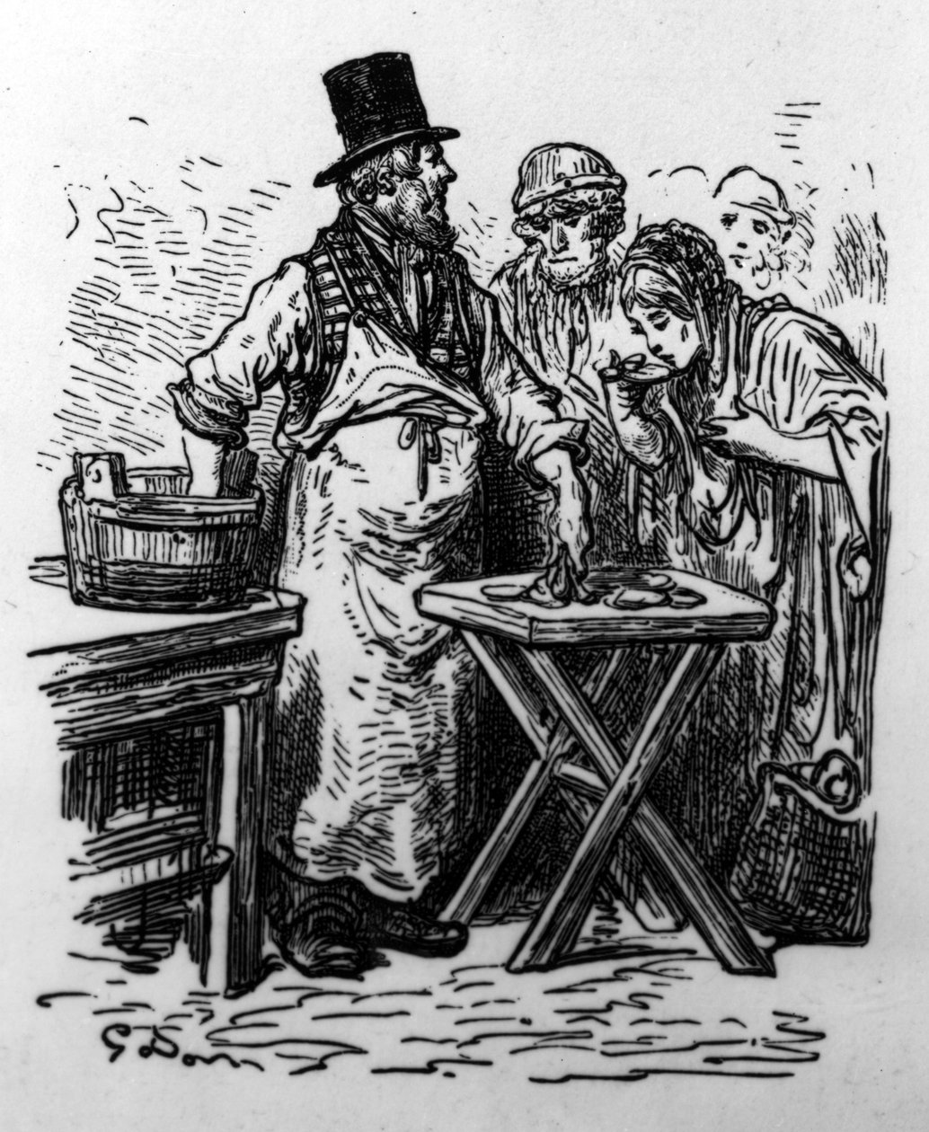 Egy osztrigaárus, William Blanchard Jerrold „London, egy zarándoklat” című könyvéből, 1890-ben megjelent kiadás alkotó: Gustave Dore