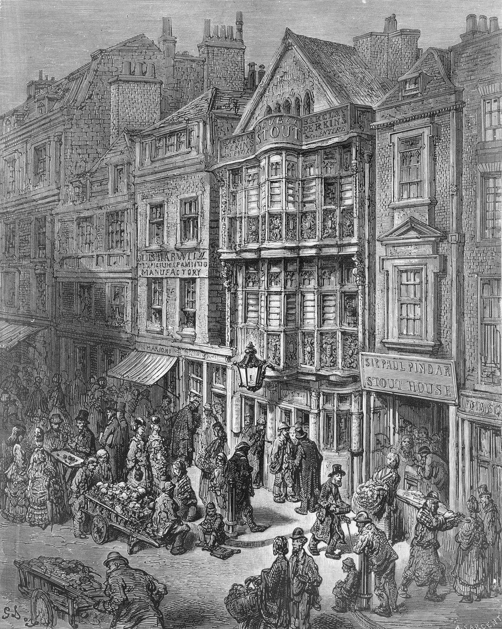 Bishopsgate Street, a „London, a Zarándoklat”-ból, írta William Blanchard Jerrold (1826-94) és metszette A. Sargent, kocsma. 1872 alkotó: Gustave Dore