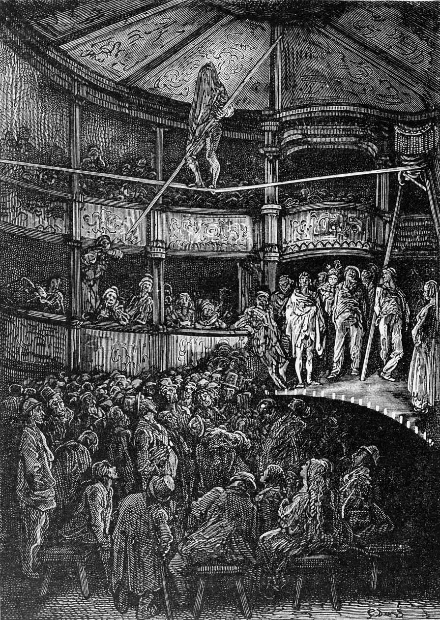 Blondin Shoreditchben, a „London, a zarándoklat”-ból, William Blanchard Jerrold (1826-94) írta, és Gauchard metszet, kocsma. 1872 alkotó: Gustave Dore
