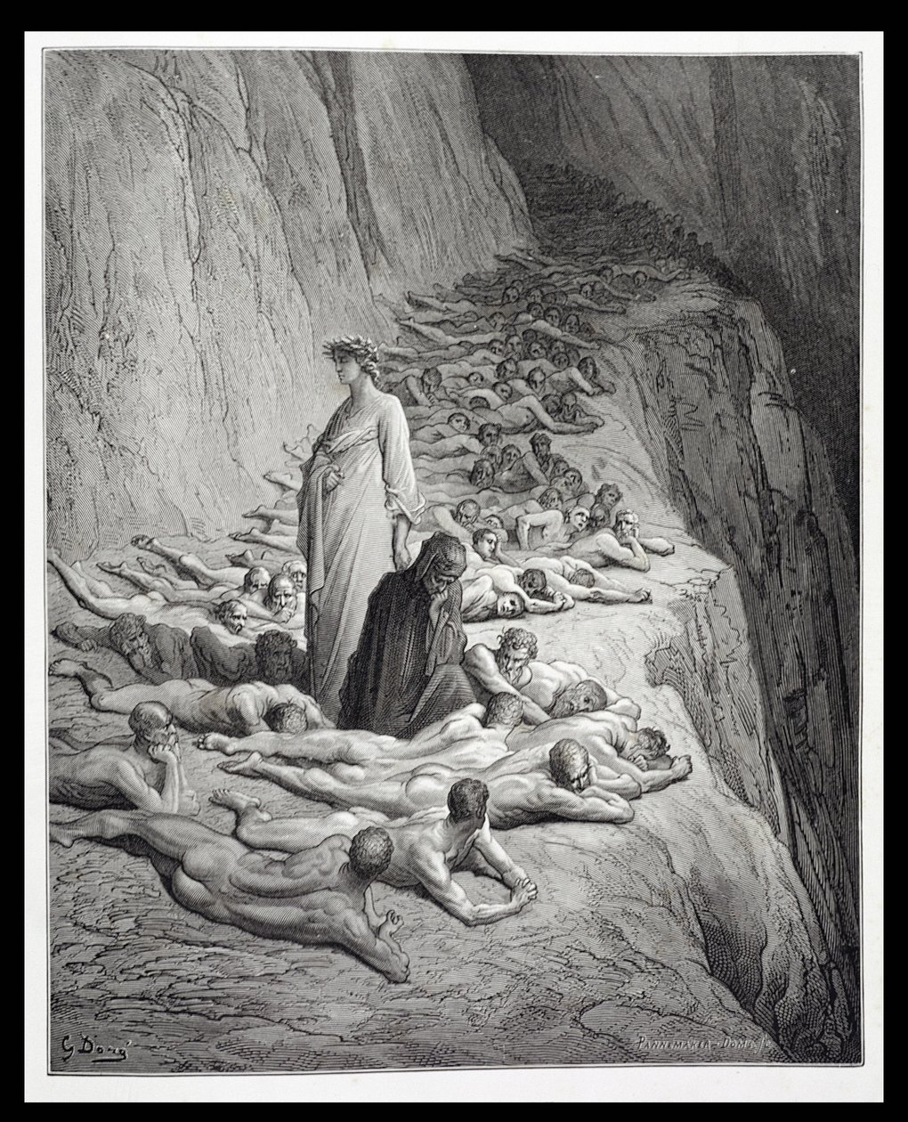 Dante és V. Adrián pápa, Dante Alighieri (1265-1321) Isteni színjátékából (Purgatorio) Stephane Pannemaker (1847-1930) metszetében, 1868 körül alkotó: Gustave Dore