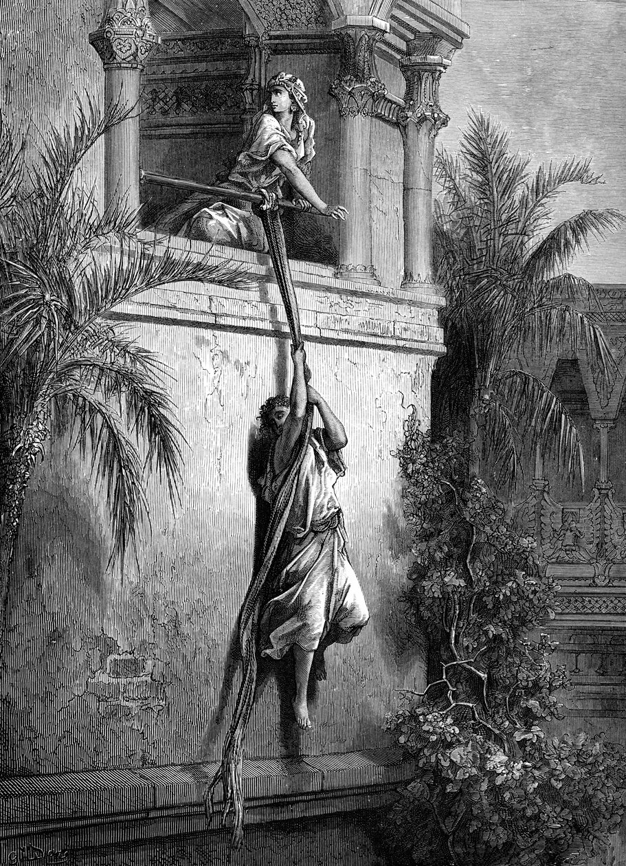 David s menekülése az ablakon keresztül, Doré. - Biblia alkotó: Gustave Dore