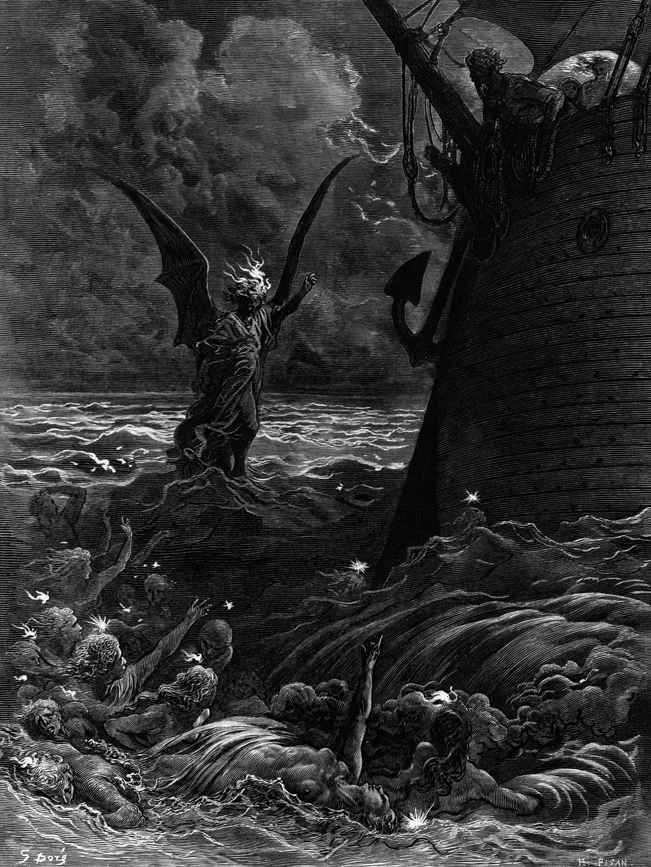 Haláltüzek táncolnak az elájult hajó körül, jelenet S.T. „The Rime of the Ancient Mariner” című művéből. Coleridge, szerző: S.T. Coleridge, kiadó: Harper und Brothers, New York, 1876 (fametszet) alkotó: Gustave Dore