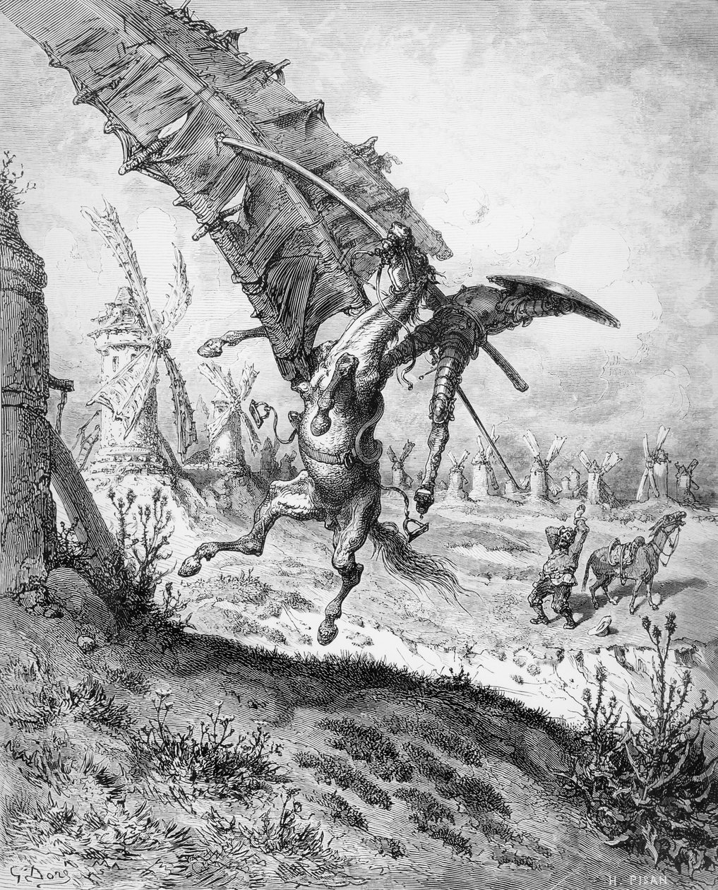 Don Quijote és a szélmalmok, Miguel Cervantes (1547-1616) "Don Quijote de la Mancha" című művéből, Heliodore Joseph Pisan (1822-90) metszetében (metszet) (bw fotó) (lásd még: 141799) alkotó: Gustave Dore