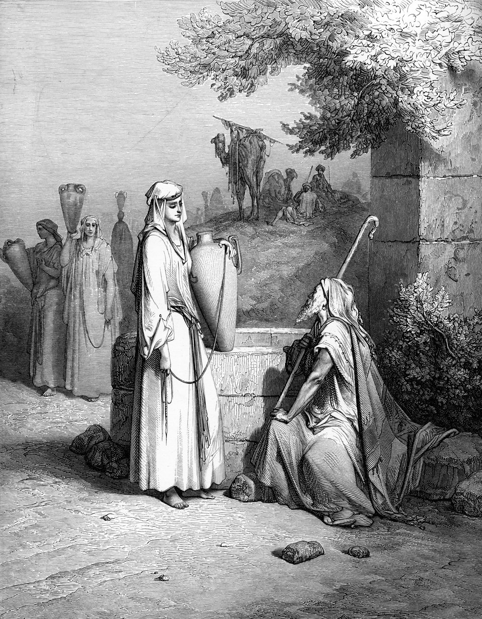 Eliezer és Rebeka Rebeka, Doré metszete. - Biblia alkotó: Gustave Dore