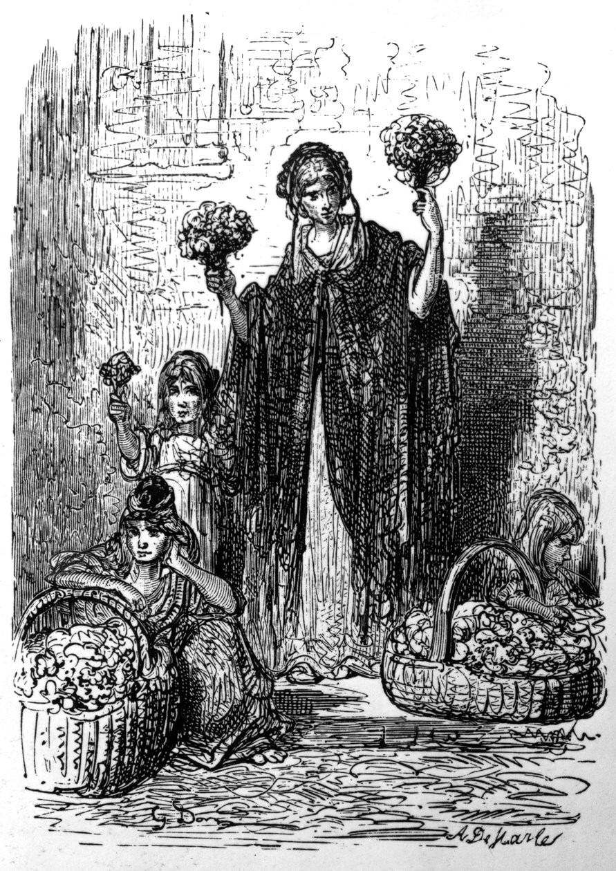 Flower Girls, William Blanchard Jerrold „London, egy zarándoklat” című kötetéből, 1890-ben megjelent kiadás alkotó: Gustave Dore