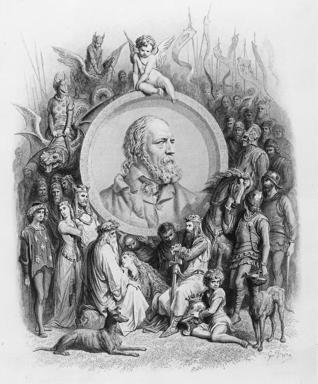Az „Idylls of the King” előlapja Alfred, Lord Tennyson portréjával alkotó: Gustave Dore