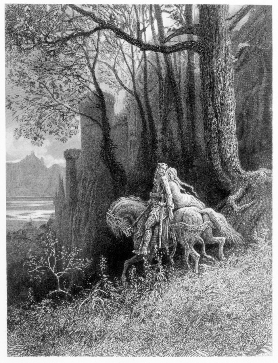 Geraint és Enid Ride Away, illusztráció Alfred Tennyson "Idylls of the King" című művéből alkotó: Gustave Dore