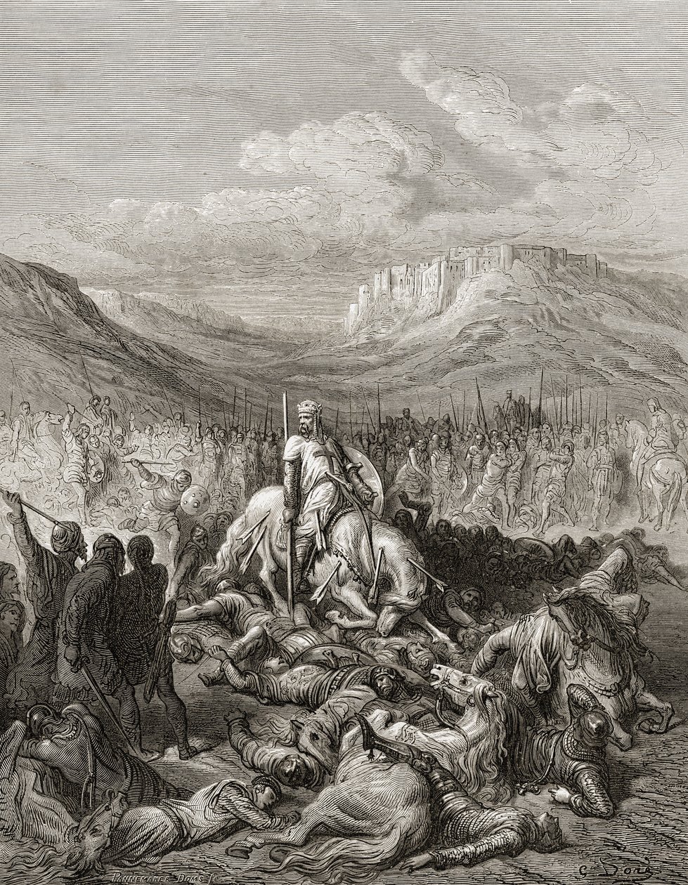 Jacques de Maille templommarsall dicsőséges halála, illusztráció a „Bibliotheque des Croisades” című könyvéből, J-F. Michaud, 1877 alkotó: Gustave Dore