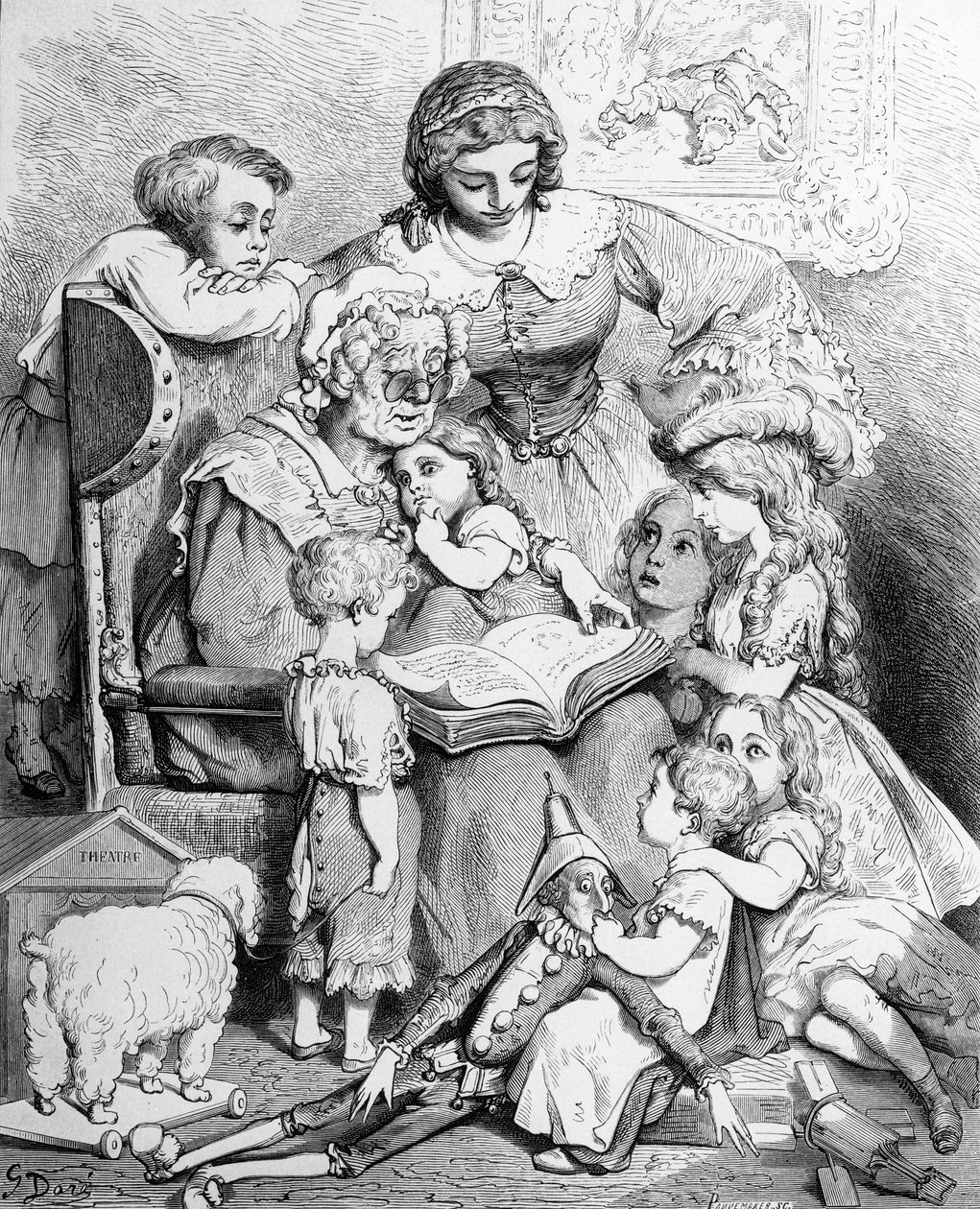 Nagymama mesél az unokáinak, illusztrált címlap a „Les contes de Perrault”-ból, Pannemaker metszete, kiadó: J.Hetzel, 1862 alkotó: Gustave Dore