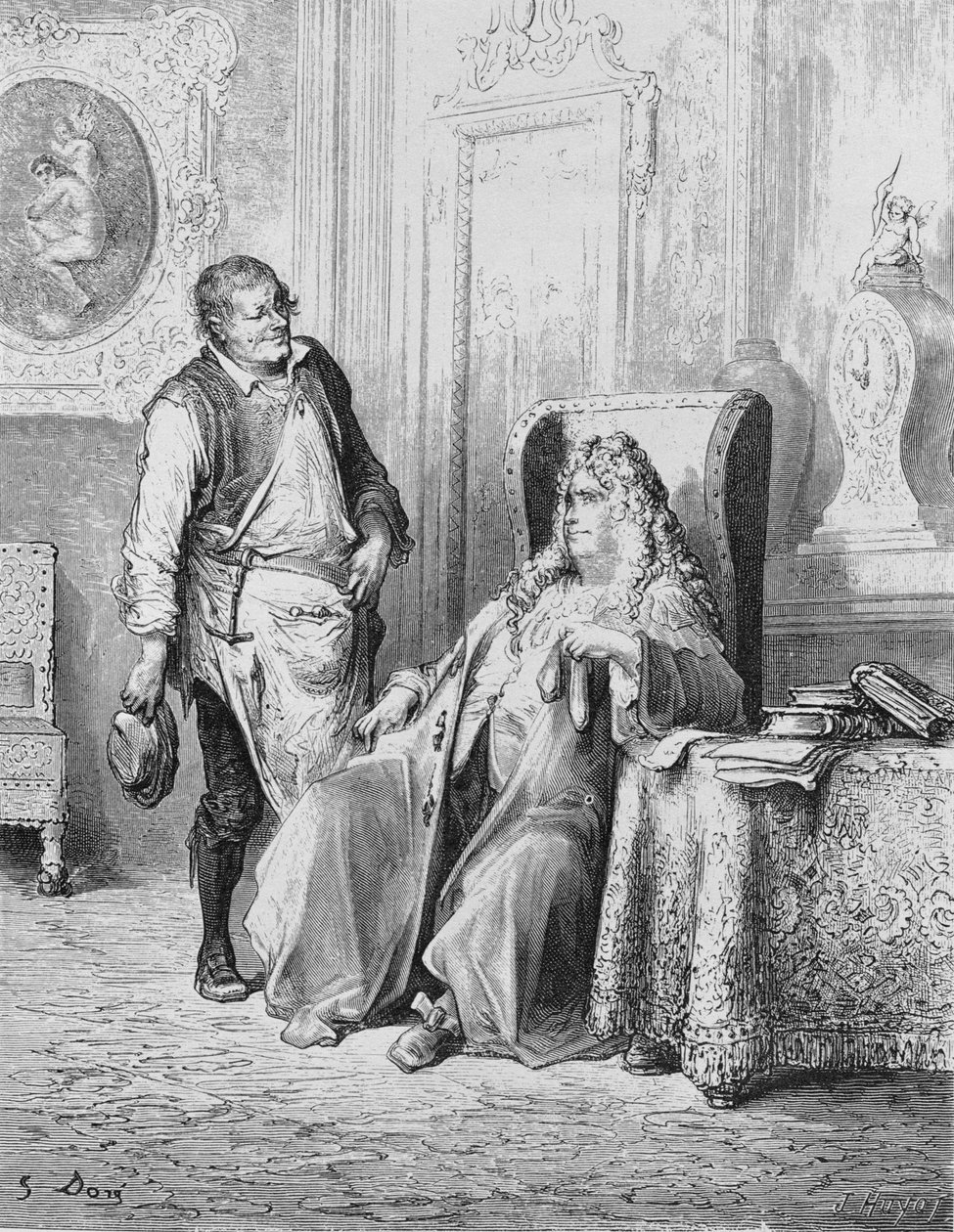 Illusztráció a Suszter és a finánchoz, Jean de La Fontaine (1621-95) „Fables” című művéből alkotó: Gustave Dore