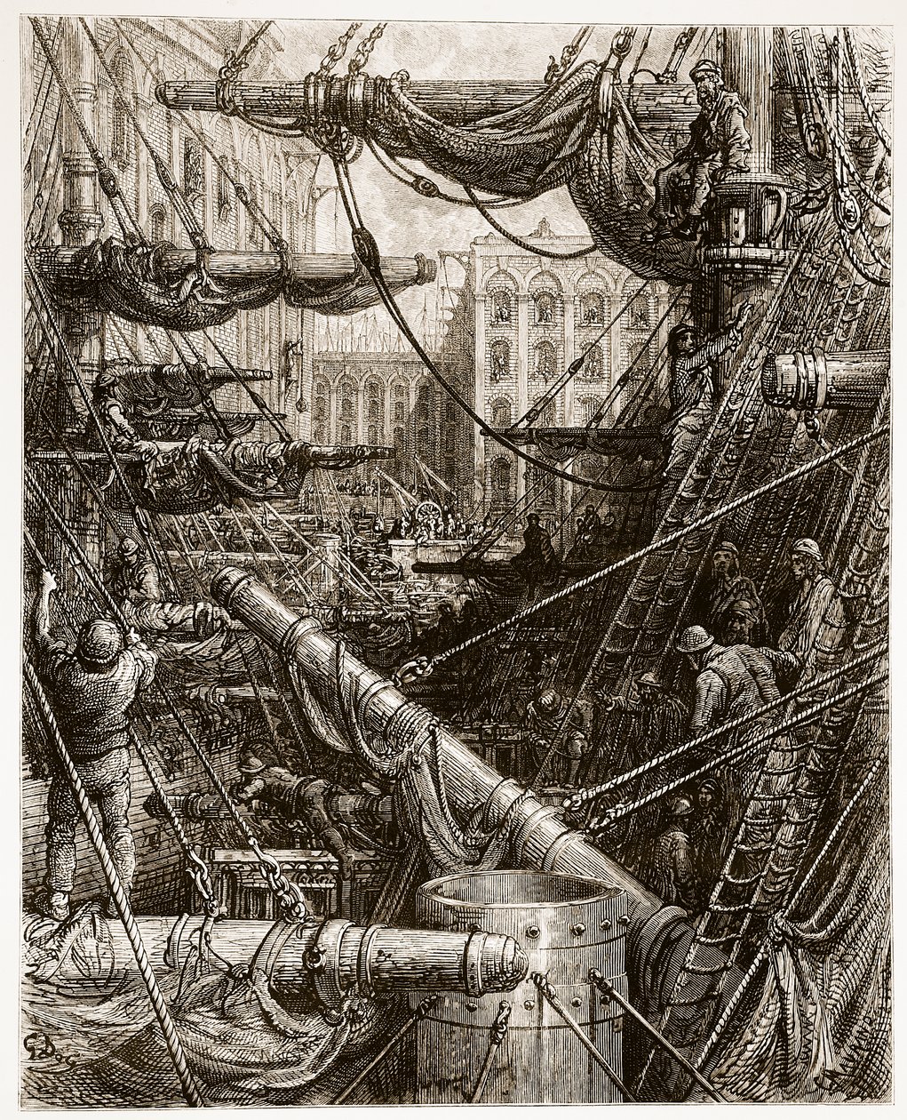 Inside the Docks, a „London, a Pilgrimage”-ből, írta William Blanchard Jerrold (1826-84) és metszette: Charles Maurand (sz. 1822) pub. 1872 alkotó: Gustave Dore