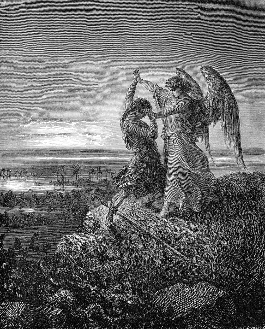Jákob birkózik az angyallal, Doré metszete. - Biblia alkotó: Gustave Dore