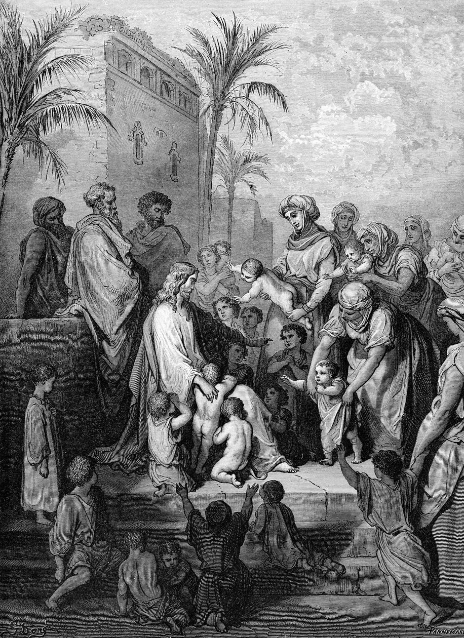 Jézus megáldja a gyermekeket, Doré metszete. - Biblia alkotó: Gustave Dore