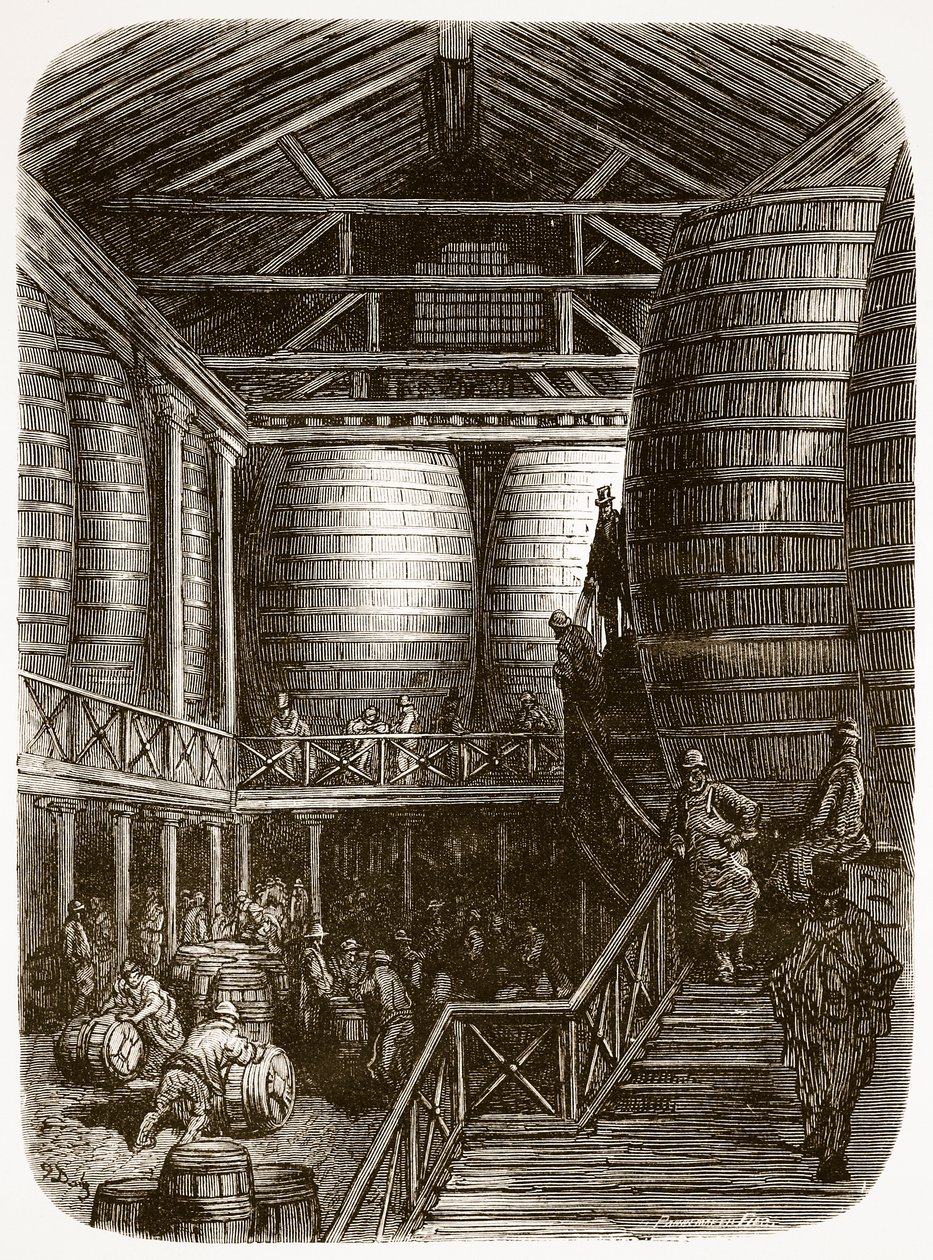 Nagy hordók egy sörfőzdében, a „London, egy zarándoklat”-ból, William Blanchard Jerrold (1826-94) írta, Pannemaker metszett, kocsma. 1872 alkotó: Gustave Dore