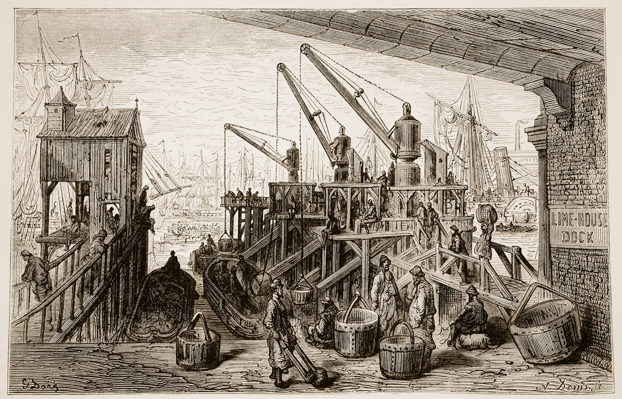Limehouse Dock, a „London, a Zarándoklat” című művéből, írta William Blanchard Jerrold (1826-84) és metszett: A. Doms, 1872 alkotó: Gustave Dore