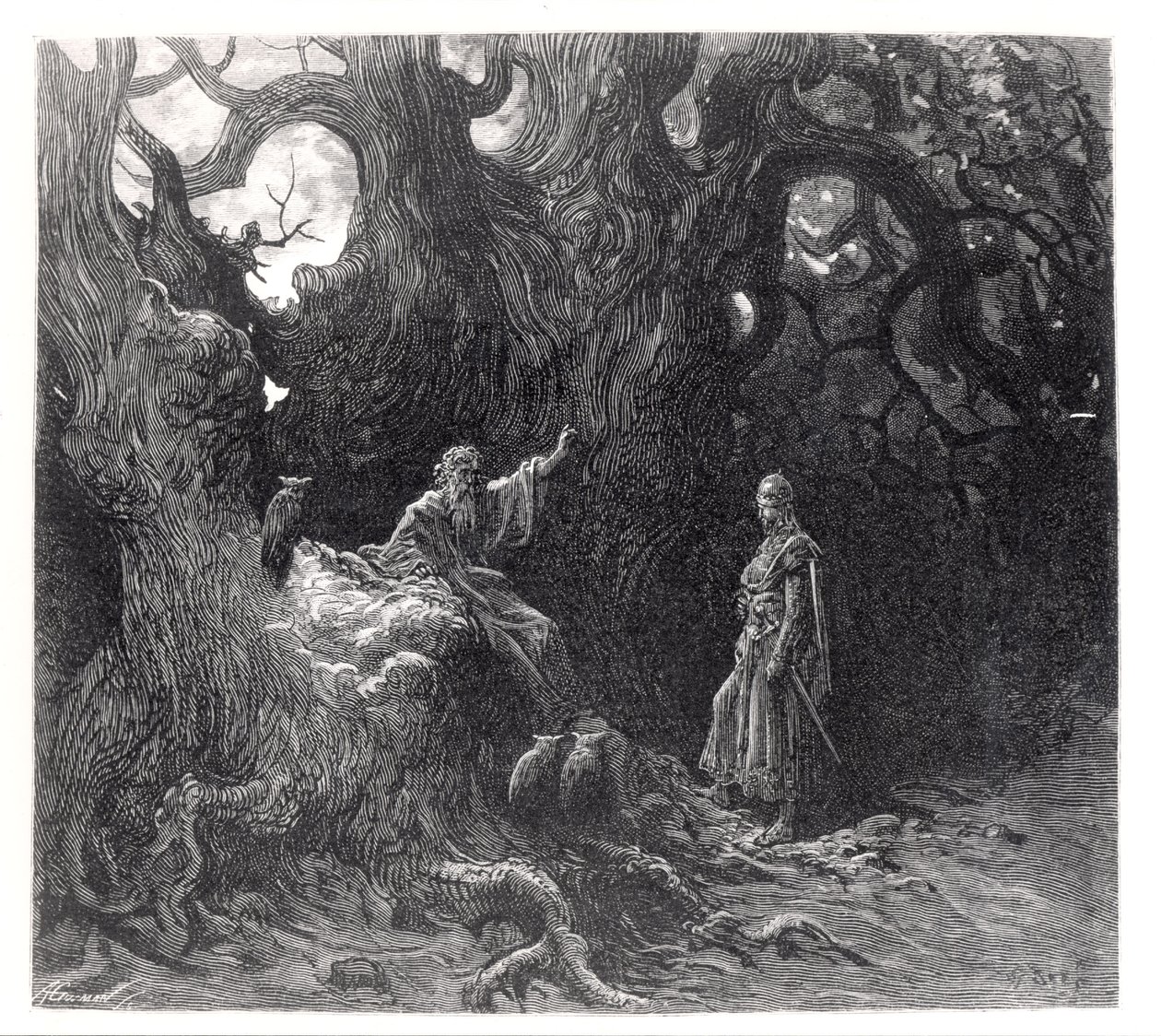Merlin a broceliandei erdőben, Ludovico Ariosto (1474-1533) „Orlando Furioso” című művéből, a Hachette kiadó 1888-ban alkotó: Gustave Dore