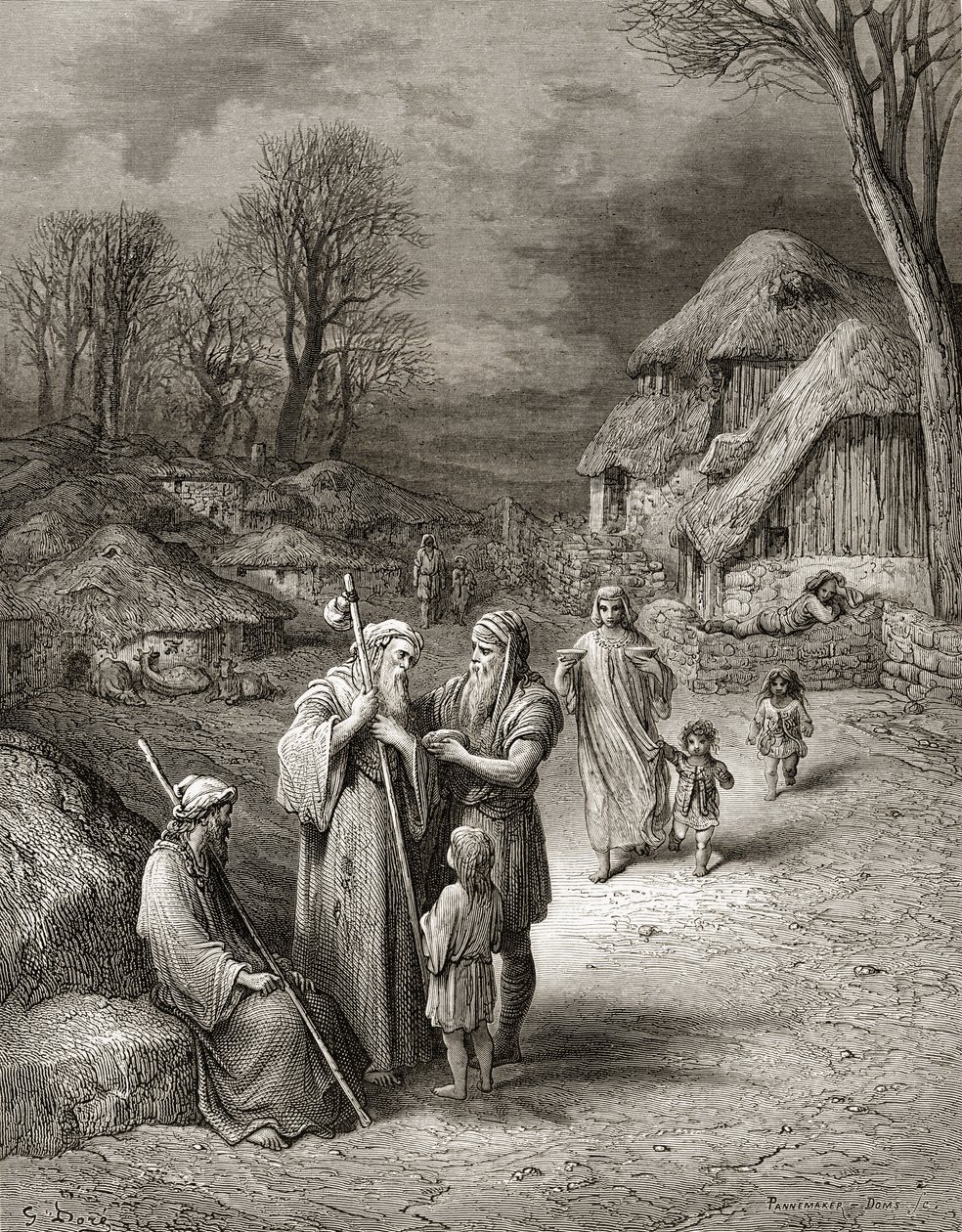 Parasztok által táplált zarándokok, illusztráció a „Bibliotheque des Croisades”-ből, J-F. Michaud, 1877 alkotó: Gustave Dore