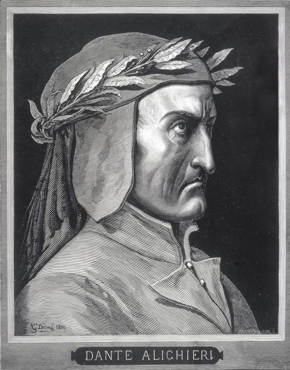 Dante Alighieri (1265-1321) portréja, 1860, vésette Stephane Pannemaker (1847-1930), előlap a „The Vision of Hell”-ből, kiadó Cassell, 1903 alkotó: Gustave Dore