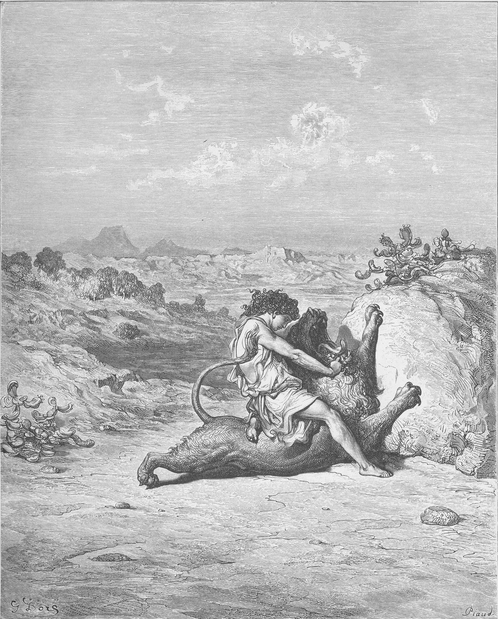 Sámson megöl egy oroszlánt alkotó: Gustave Dore