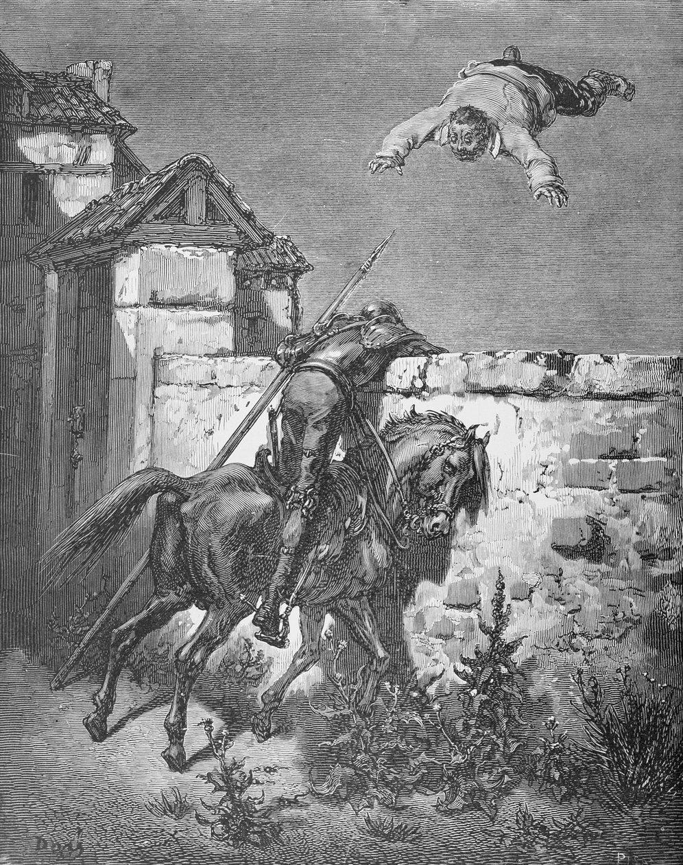 Takaróba burkolt Sancho, Miguel Cervantes (1547-1616) "Don Quijote de la Mancha" című művéből, Heliodore Joseph Pisan (1822-90) metszete, 1868 körül. alkotó: Gustave Dore