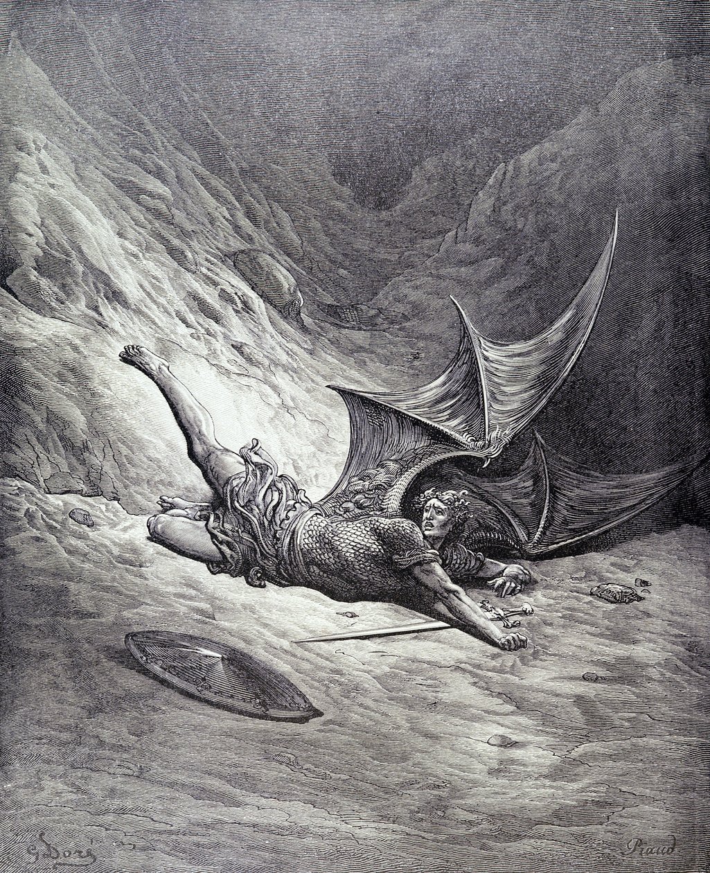 A Sátánt megverte Mihály, John Milton (1608-74) "Elveszett Paradicsom" című művének VI. könyvéből, Antoine Alphee Piaud metszete, 1868 körül. alkotó: Gustave Dore
