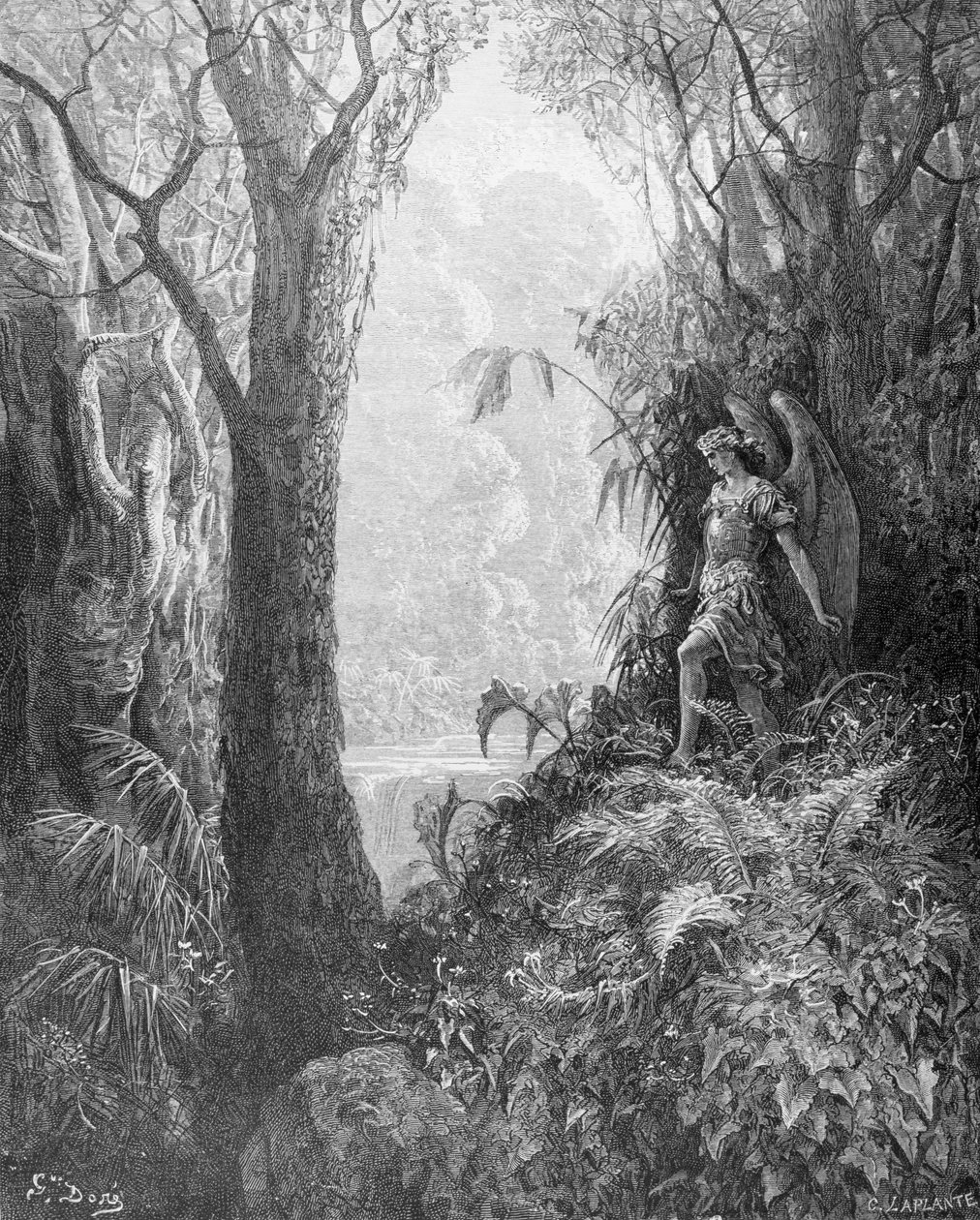 Sátán a Paradicsomban, John Milton (1608-74) "Elveszett Paradicsom" IV. könyvéből, metszette Charles Laplante (1903) 1868 körül. alkotó: Gustave Dore