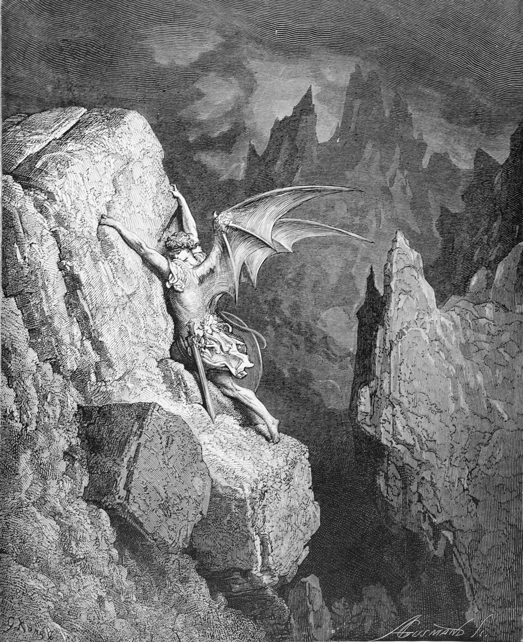 A sátán menekülése a káoszon át, John Milton (1608-74) "Elveszett Paradicsom"-jából, Adolphe Gusmand (1821-1905) metszete, 1868 körül. alkotó: Gustave Dore
