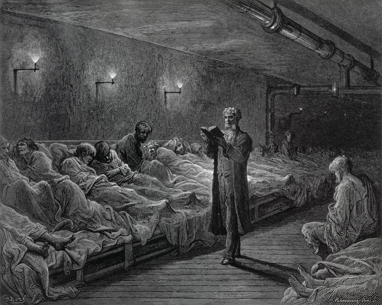 Szentírás-olvasó éjszakai menedékhelyen, "London, egy zarándoklat"-ból, írta William Blanchard Jerrold (1826-84), metszett Stephane Pannemaker (1847-1930) és A. Doms, pub. 1872 alkotó: Gustave Dore