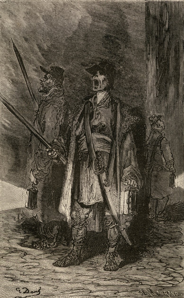 Serenos, Nightwatchmen, illusztráció a „Spanish Pictures”-ből, Samuel Manning tiszteletes alkotó: Gustave Dore