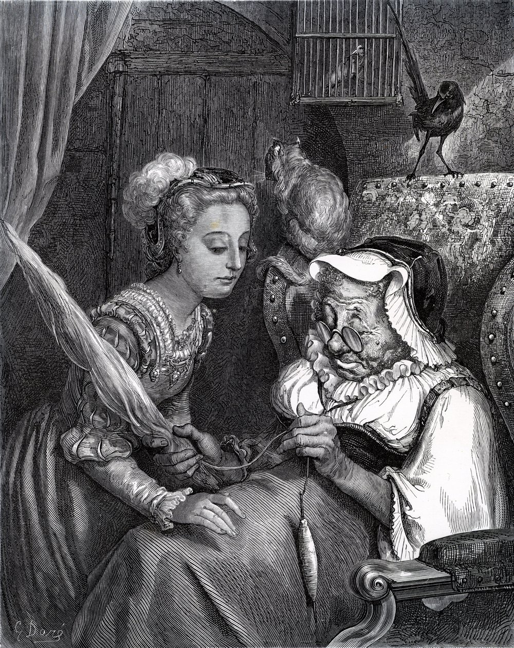 Csipkerózsika: Csipkerózsika: Hercegnő és Tündér Köpönyeg a toronyban. alkotó: Gustave Dore