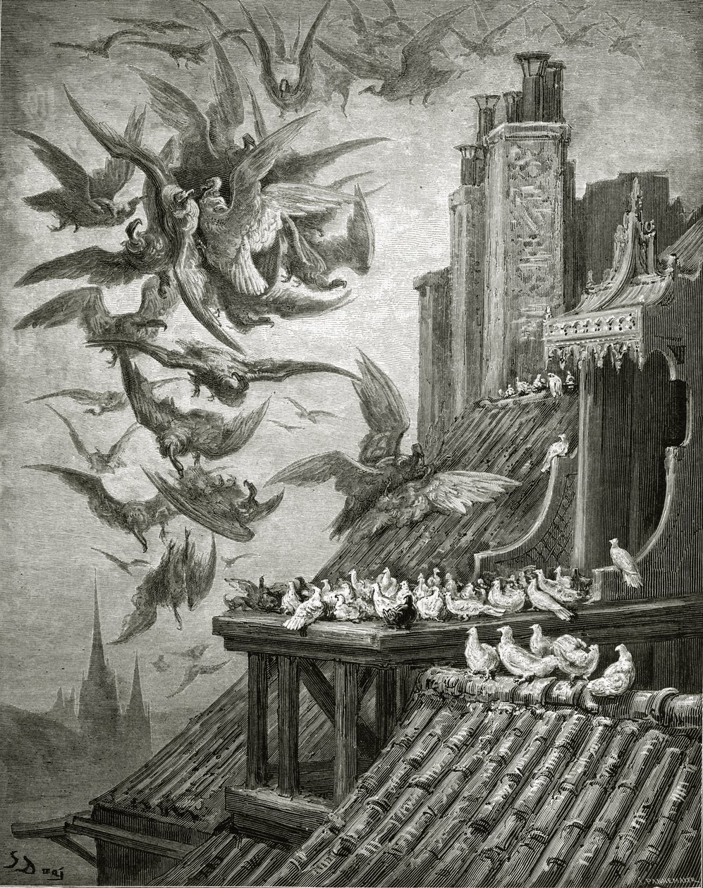 A sasok és a galambok, illusztráció La Fontaine „Fables” című művéből, 1868 alkotó: Gustave Dore