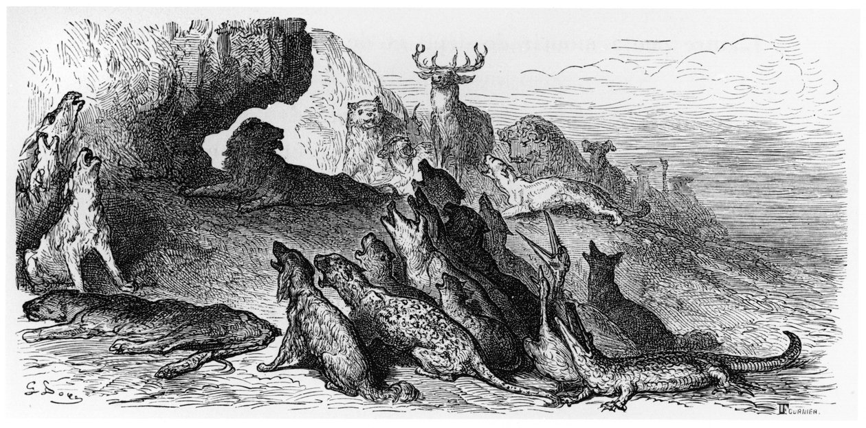 Az Oroszlán temetése, illusztráció Jean de La Fontaine (1621-95) Párizs „Fables” című művéből, 1868-ban, Fournier metszetével alkotó: Gustave Dore