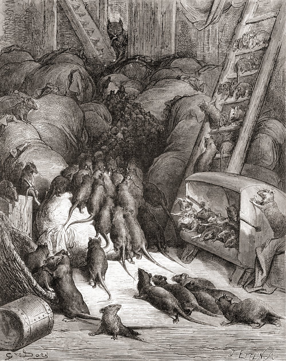 A patkányok ligája, La Fontaine meséinek 19. század végi kiadásából (fametszet) alkotó: Gustave Dore