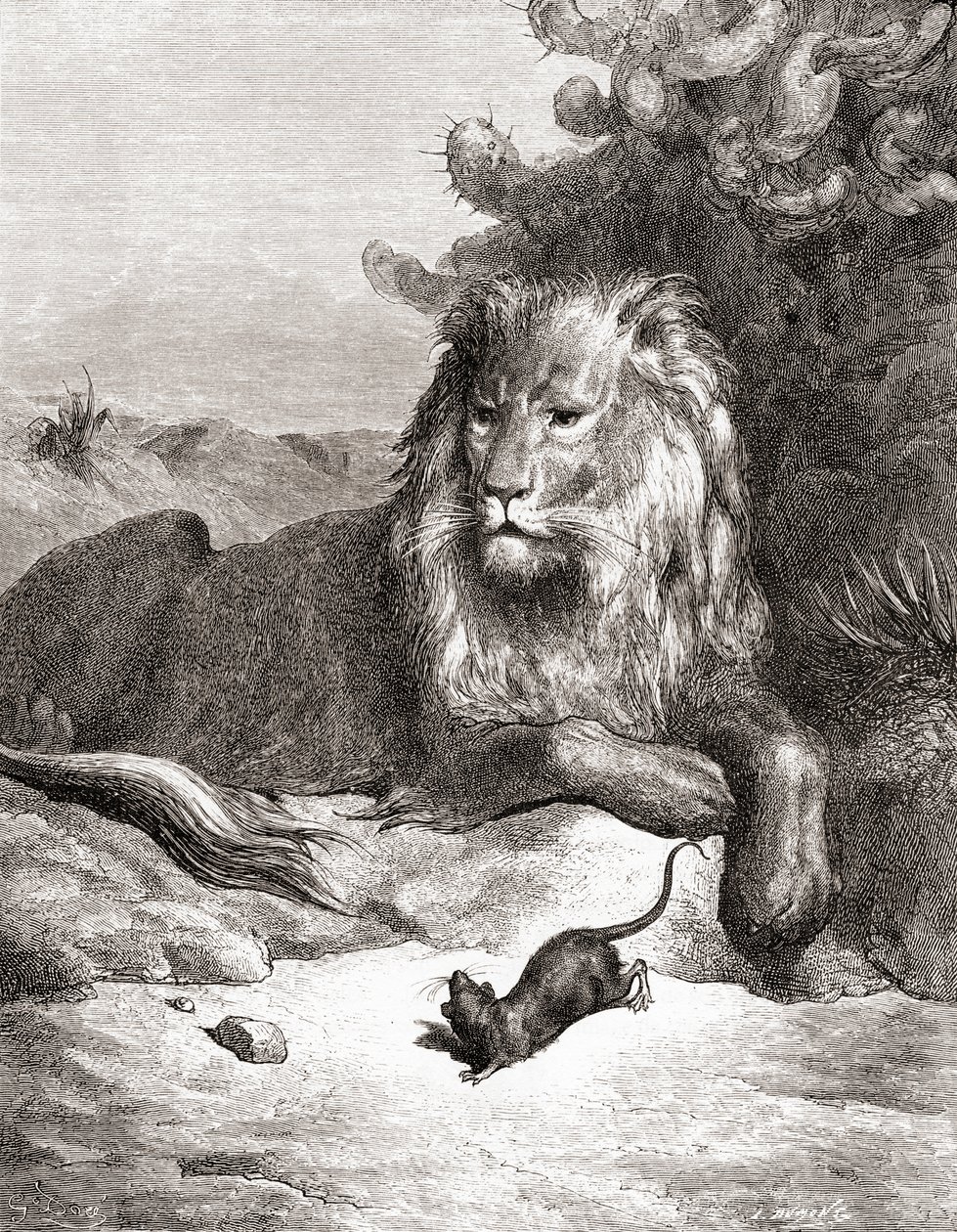 Az oroszlán és az egér, a Fables de La Fontaine 19. század végi kiadásából (fametszet) alkotó: Gustave Dore