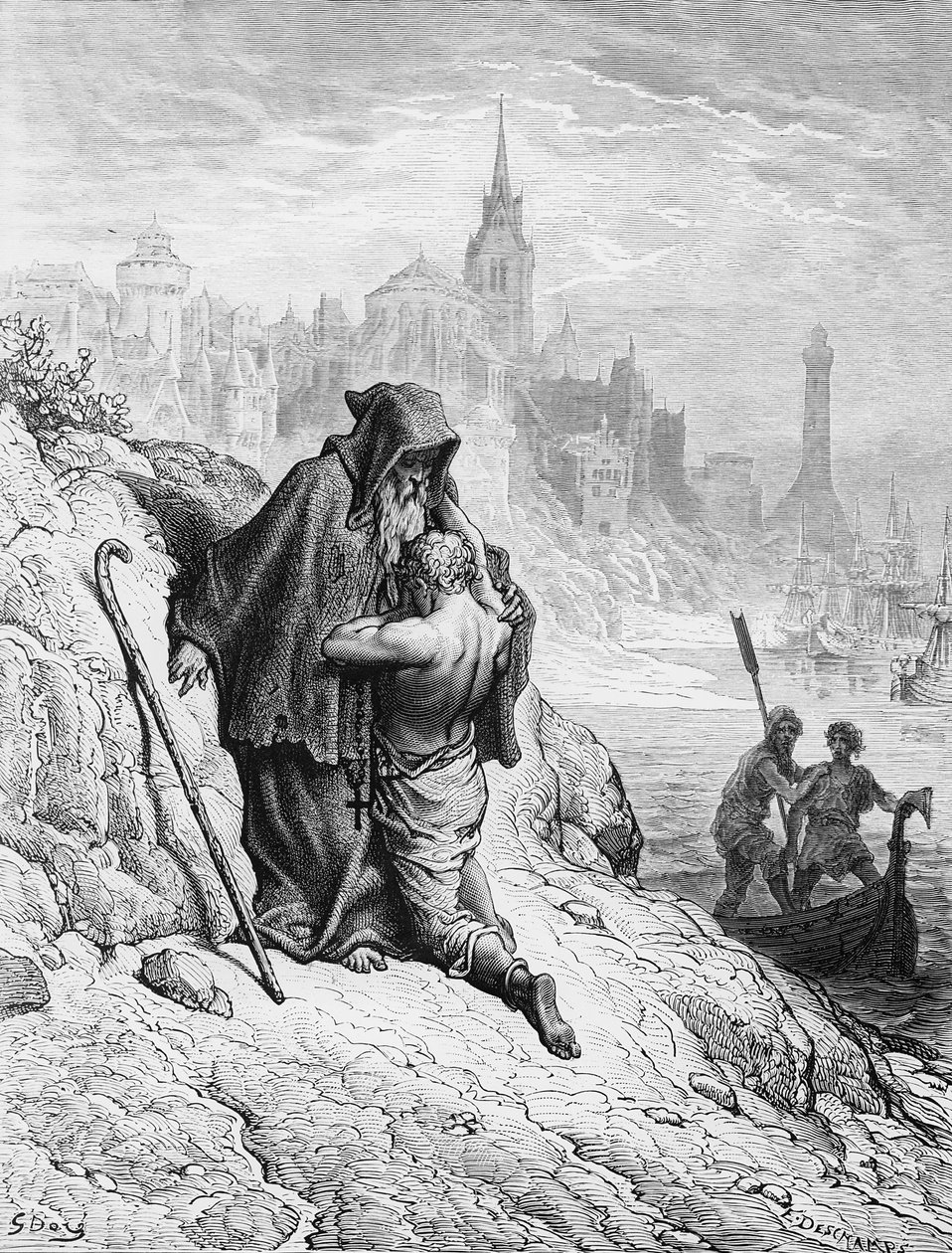 A Tengerész könyörög a Remetének, hogy adjon feloldozást bűne alól, jelenet az ókori tengerész kora című művéből, S.T. Coleridge, kiadó: Harper und Brothers, New York, 1876 (fametszet) alkotó: Gustave Dore