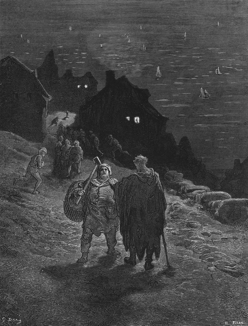 A tengerjáró, aki arra van ítélve, hogy szüntelenül országról országra járjon, arra is, hogy elmesélje történetét a vele találkozó embereknek, jelenet S.T. Coleridge "The Rime of the Ancient Mariner" című művéből, amelyet S.T. Coleridge írt. alkotó: Gustave Dore