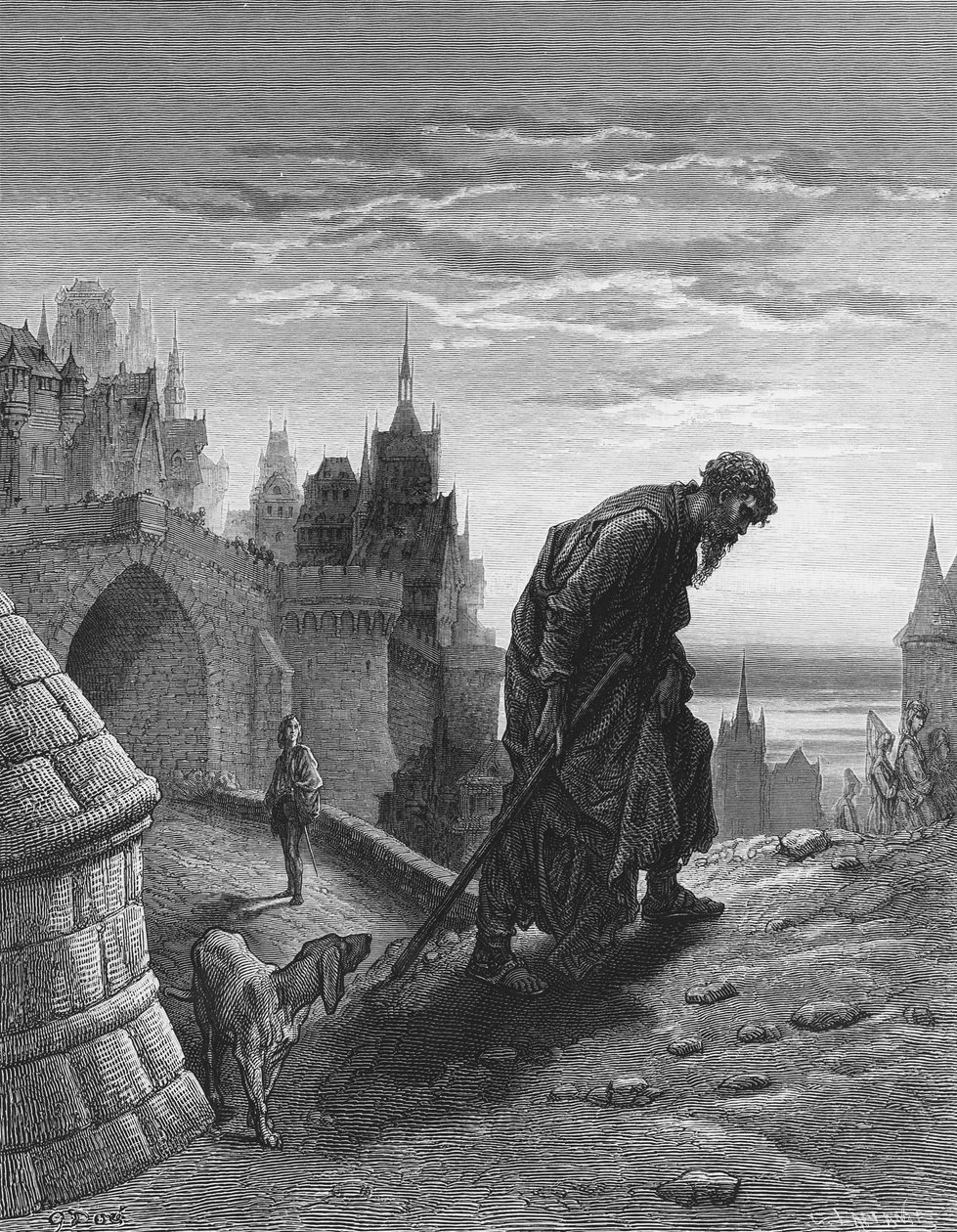 A tengerész, miután befejezte történetét, távozni fordul, miközben hallgatója, a nászvendég csodálkozva és szomorúan nézi őt, jelenetet S.T. „Az ősi tengerész öregje” című művéből. Coleridge, pu alkotó: Gustave Dore