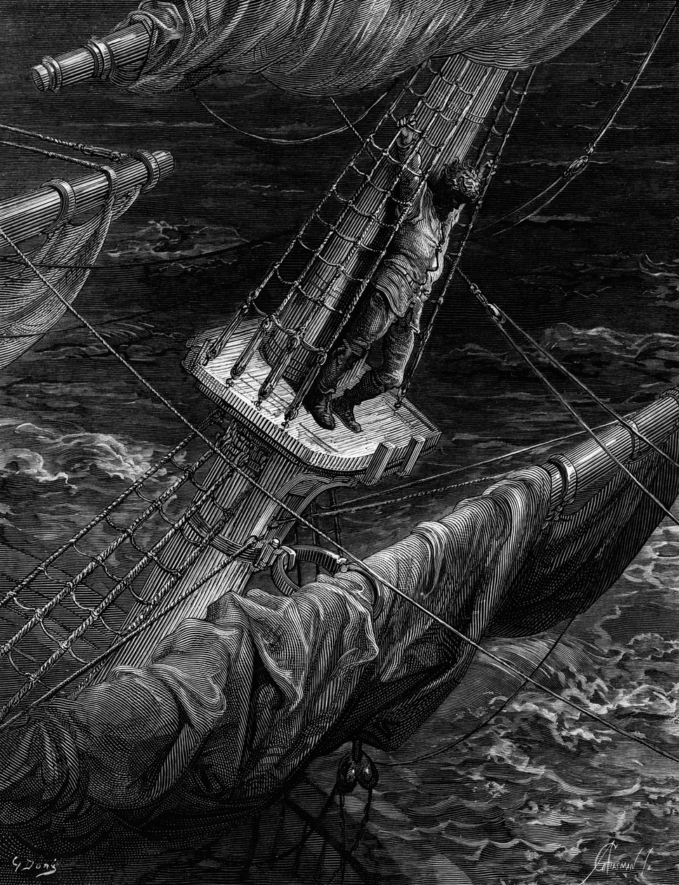 A tengerészgyalogos megbánta, hogy lelőtte az Albatrost, az S.T. „Az ősi tengerész öregje” című jelenetét. Coleridge, szerző: S.T. Coleridge, kiadó: Harper und Brothers, New York, 1876 (fametszet) alkotó: Gustave Dore
