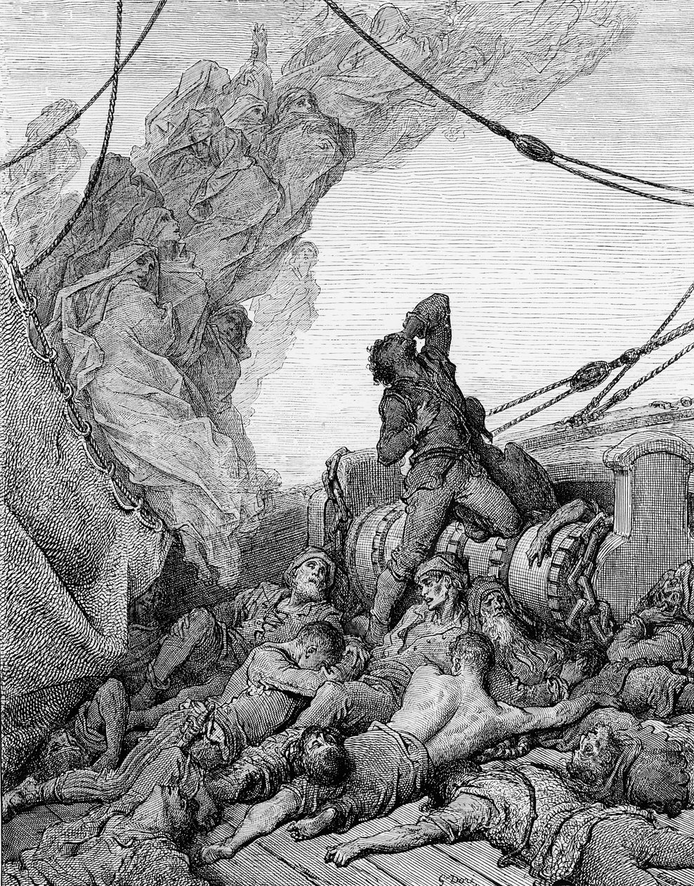 A halott tengerészek által körülvett tengerész lelki gyötrelmet szenved, jelenet S.T. „Az ősi tengerész öregje” című művéből. Coleridge, kiadó: Harper und Brothers, New York, 1876 (fametszet) alkotó: Gustave Dore
